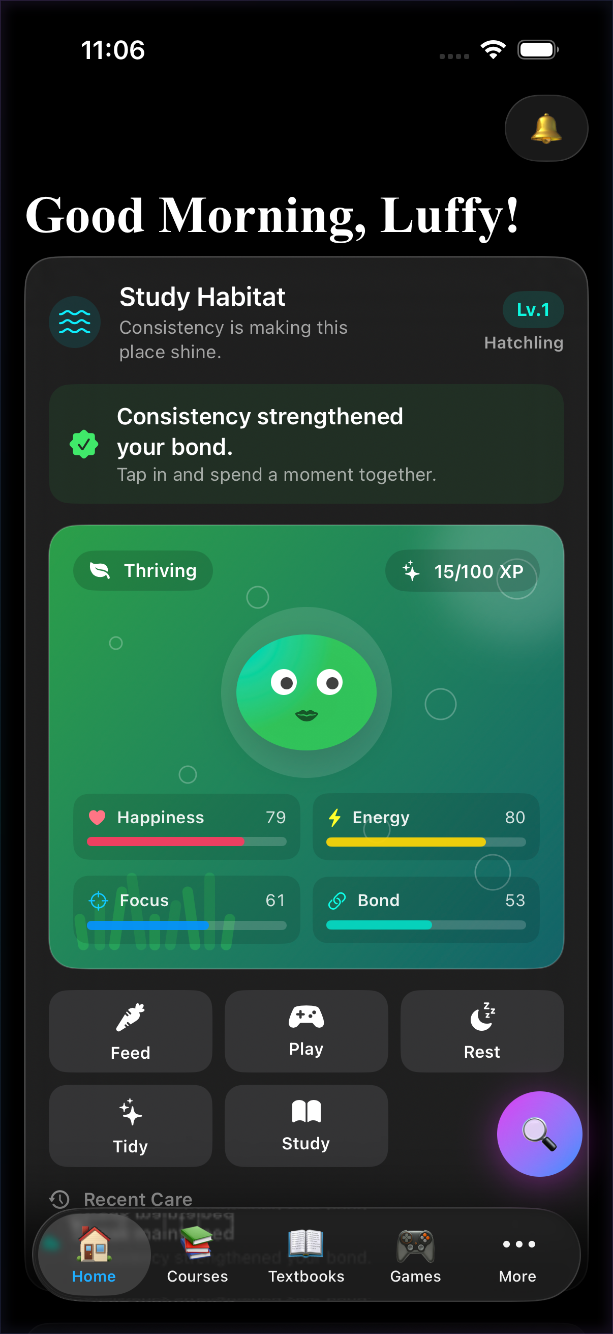 WolfWhale student home screen in dark mode.