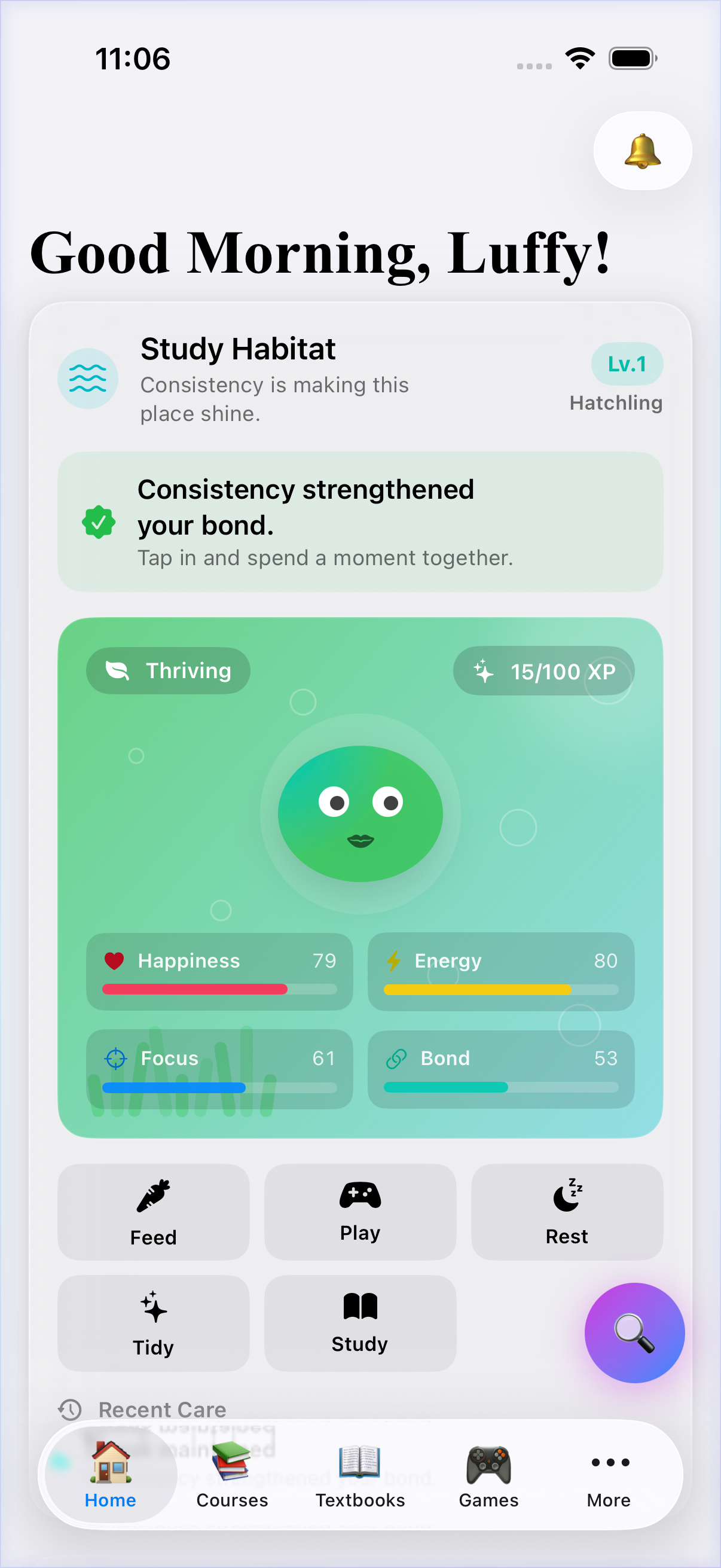 WolfWhale student home screen with study pet and progress controls.